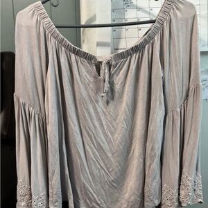 American Eagle Outfitters Tan Bell Sleeve Blouse with Tie Front